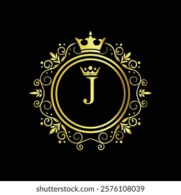 Royal gold letter J monogram design with crown and intricate floral border on black background  
