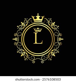 Royal gold letter L monogram design with crown and intricate floral border on black background  
