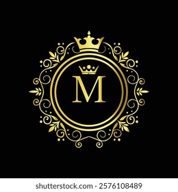 Royal gold letter M monogram design with crown and intricate floral border on black background  
