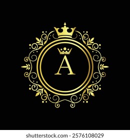 Royal gold letter A monogram design with crown and intricate floral border on black background  
