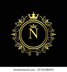 Royal gold letter N monogram design with crown and intricate floral border on black background  
