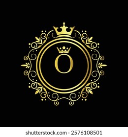 Royal gold letter O monogram design with crown and intricate floral border on black background  
