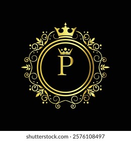 Royal gold letter P monogram design with crown and intricate floral border on black background  
