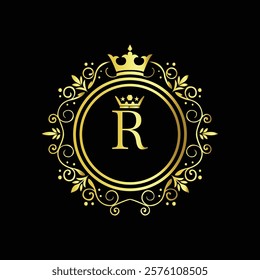 Royal gold letter R monogram design with crown and intricate floral border on black background  
