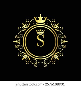 Royal gold letter S monogram design with crown and intricate floral border on black background  
