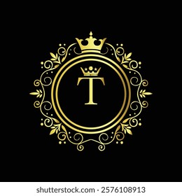 Royal gold letter T monogram design with crown and intricate floral border on black background  
