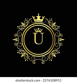 Royal gold letter U monogram design with crown and intricate floral border on black background  
