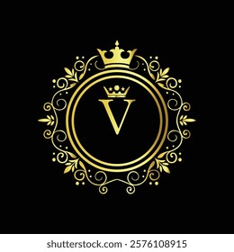 Royal gold letter V monogram design with crown and intricate floral border on black background  
