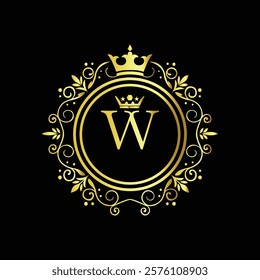 Royal gold letter W monogram design with crown and intricate floral border on black background  
