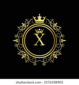 Royal gold letter X monogram design with crown and intricate floral border on black background  
