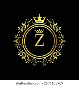 Royal gold letter Z monogram design with crown and intricate floral border on black background  
