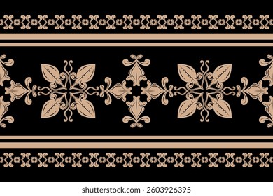 Royal Gold on Black Background Filigree Border Design with Florals Stripe Decoration Seamless Pattern Vector. Elegance Blooming in Dark Luxury Fine Mysterious Decoration for Ceramic Wallpaper Interior