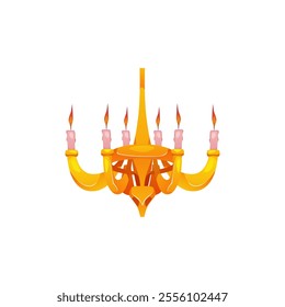 Royal golden chandelier, richly decorated with burning candles. Light, warmth. Palace. Medieval castle. Interior element for the throne room. Cartoon style. Vector illustration on white background.