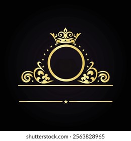 Royal golden crest with ornate crown and decorative floral patterns on a sleek black background  
