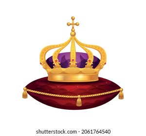 Royal golden crown composition with isolated image of crown on red velvet pillow vector illustration