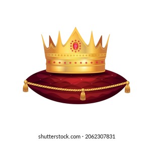 Royal golden crown composition with isolated image of crown on red velvet pillow vector illustration