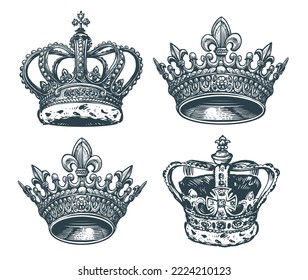 Royal golden crown with gems. King, queen symbol. Hand drawn sketch vector illustration in vintage engraving style