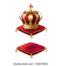 Royal golden crown with jewels on red velvet pillow, set of vector realistic icons isolated on white background. Heraldic elements, monarchic symbols