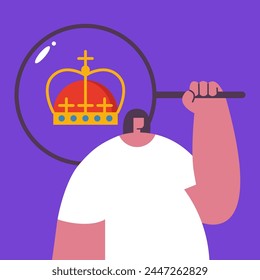 Royal golden crown for King on blue background with Girl. Flat vector illustration.