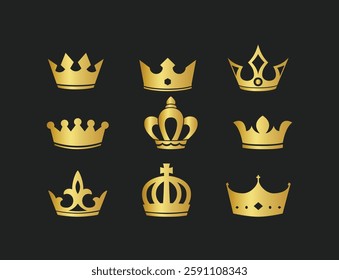 Royal golden crown. Monarchy wealth and power symbol, king and queen gold coronet. Rich realistic 2d vector illustration set of king luxury crown