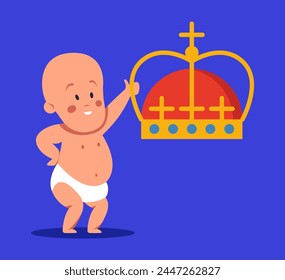 Royal golden crown on blue background with baby. Flat vector illustration.