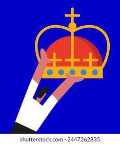 Royal golden crown on blue background. King of England. Flat vector illustration.