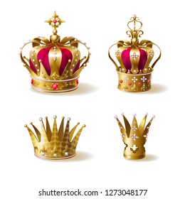 Royal golden crowns decorated with precious rubies and pearls 3d realistic vector icons set isolated on white background. King, queen, prince and princes headwear, monarchy power symbol illustration