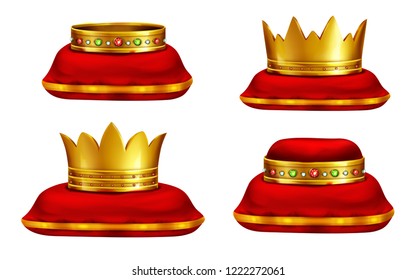 Royal golden crowns inlaid with precious gemstones lying on red ceremonial pillow realistic vector icons set isolated on white background. Monarch power symbol. Highest award for competition winner