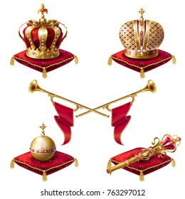 Royal golden crowns with jewels, fanfares, scepter and orb on red velvet pillows, set of vector realistic icons isolated on white background. Heraldic elements, monarchic symbols