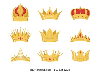 Royal golden crowns set, symbols of power of the king and queen vector Illustrations