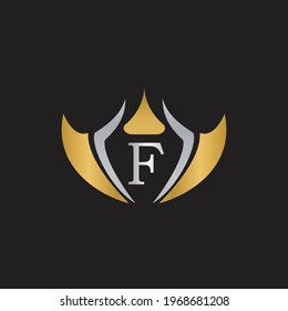 Royal Golden Elegant Letter F Logo Design. Vintage Letter F Logo design with Crown. Vintage King Logo Design for hotel, restaurant, boutique. Graceful Golden and Silver color Logo template.