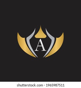 Royal Golden Elegant Letter A Logo Design. Vintage Letter A Logo design with Crown. Vintage King Logo Design for hotel, restaurant, boutique. Graceful Golden and Silver color Logo template. 