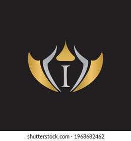 Royal Golden Elegant Letter I Logo Design. Vintage Letter I Logo design with Crown. Vintage King Logo Design for hotel, restaurant, boutique. Graceful Golden and Silver color Logo template.