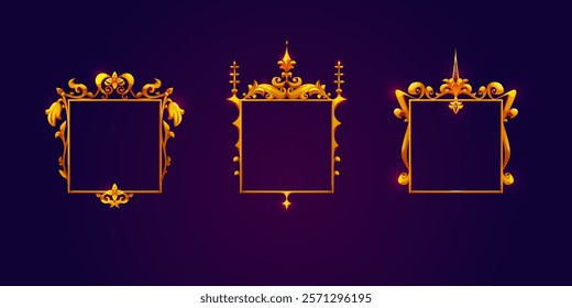 Royal golden frames set for game user interface isolated on background. Vector cartoon illustration of medieval fancy yellow metal borders with gemstone decoration, level rank decoration for avatar