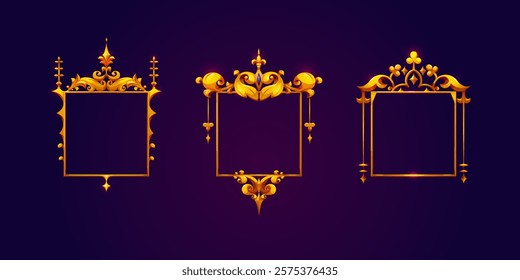 Royal golden frames set for game user interface isolated on background. Vector cartoon illustration of medieval fancy yellow metal borders with gemstone decoration, level rank decoration for avatar