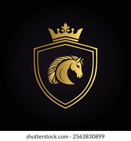 Royal golden horse logo in a shield with a crown symbolizing elegance power and prestige  
