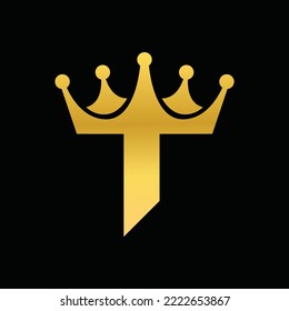 Vector de la corona real de joyas doradas y logotipo de la corona dorada, arte y símbolo con la letra T y los alfabetos. Logo real.