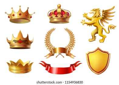 Royal golden king crowns set, laurel wreaths and ribbon Awards collection