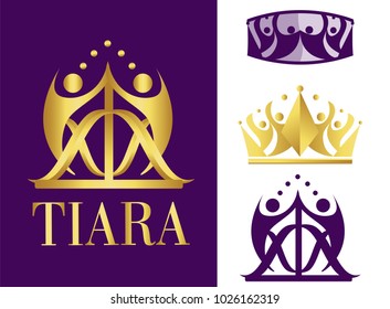 Royal golden logotype. Business company logo. Corporate identity design element. Crown with abctract arrow. Symbol of growth, community, ptogress and team bulding. People wit nature, healthy with leaf