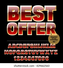 Royal golden and red set of alphabet letters, numbers and punctuation symbols. Vector promotion poster with text Best offer