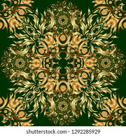 Royal golden seamless pattern on a green background. Luxury ornament for wallpaper, invitation, wrapping. Vector illustration.