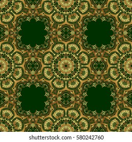 Royal golden seamless pattern on a green background. Luxury ornament for wallpaper, invitation, wrapping. Vector illustration.