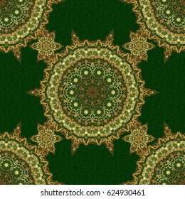 Royal golden seamless pattern on a green background. Luxury ornament for wallpaper, invitation, wrapping. Vector illustration.