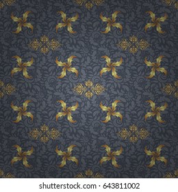 Royal golden seamless pattern on a gray background. Luxury ornament for wallpaper, invitation, wrapping. Vector illustration.