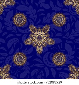 Royal golden seamless pattern on a blue background. Luxury ornament for wallpaper, invitation, wrapping. Vector illustration.