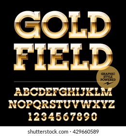 Royal golden set of alphabet letters, numbers and punctuation symbols. Vector luxury logotype with text Goldfield