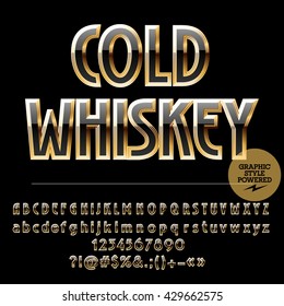 Royal golden set of alphabet letters, numbers and punctuation symbols. Vector luxury logotype with text Cold whiskey