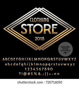 Royal Golden set of Alphabet Letters, Numbers and Punctuation Symbols. Vector Elite Logo with text Clothing Store. Font contains Graphic Style