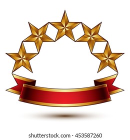 Royal golden symbolic five stylized glossy stars with red curvy ribbon, best for use in web and graphic design, luxury conceptual vector icon isolated on white background.