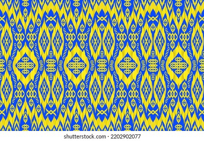 Royal Golden Yellow Ikat Patterns On Blue Background. Geometric Tribal Elegant Luxury Style. Ethnic Fabric Ikat Seamless Pattern. Indian African Folk Ikat Vector. Design For  Fabric Textile Clothing.